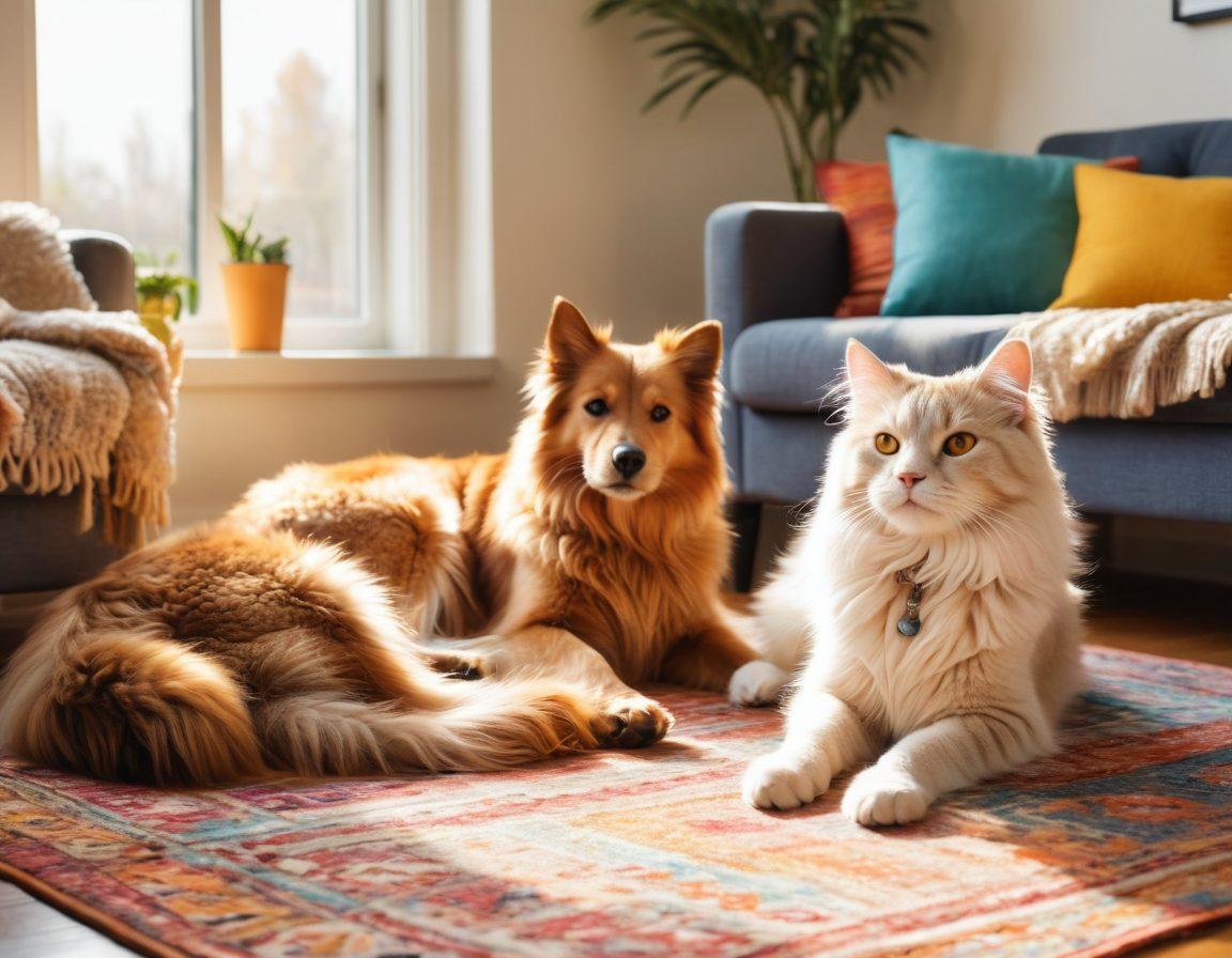 A cozy living room scene with a fluffy dog and a shaggy cat playfully cuddling together on a soft, textured rug, surrounded by warm sunlight streaming through a window. Include a backdrop of colorful cushions and a coffee table with pet toys scattered around, evoking feelings of comfort and joy. The overall atmosphere should feel inviting and cheerful, highlighting the happiness of having furry companions. super-realistic. vibrant colors. cozy vibes.