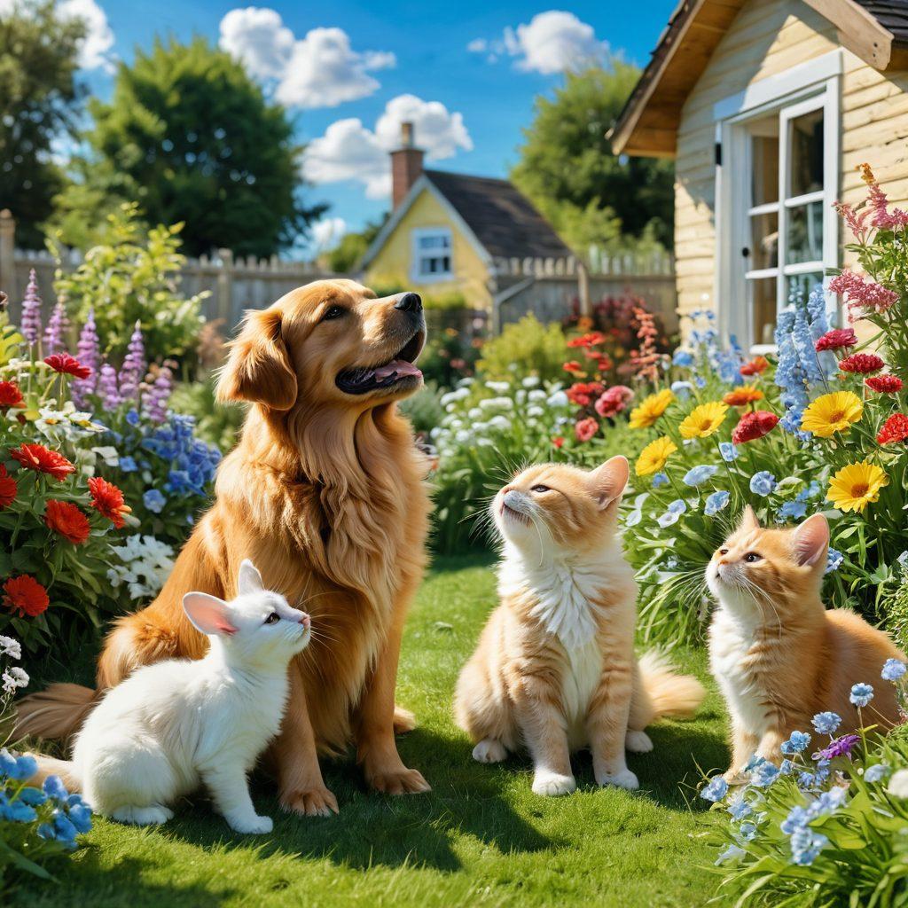 A heartwarming scene featuring various fluffy animals, such as a golden retriever, a fluffy cat, and a rabbit, playing together in a sunlit garden filled with colorful flowers. The animals are depicted joyfully interacting with each other, radiating warmth and happiness. Soft, fluffy textures and vibrant green grass enhance the cheerful ambiance. The background showcases a bright blue sky with fluffy white clouds. super-realistic. vibrant colors. cheerful atmosphere.