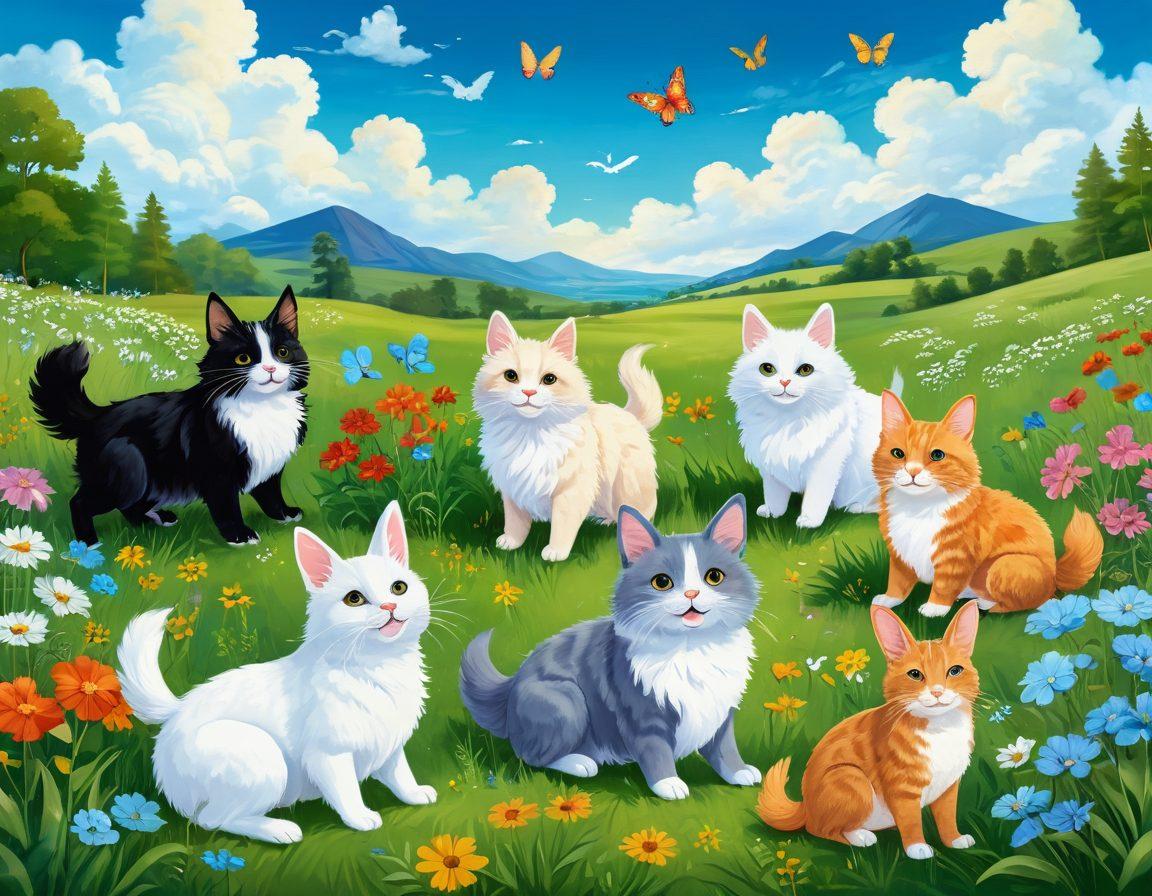 A whimsical landscape filled with various fluffy creatures, like joyful dogs, cute cats, and cheerful rabbits, playing together in a lush green meadow. Bright flowers and butterflies surround them, highlighting an atmosphere of companionship and joy. Above, a serene blue sky with fluffy clouds adds to the overall cheerful vibe. cartoonish style, vibrant colors, playful atmosphere.